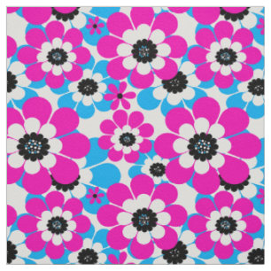 Floral bright neon pattern bright crimson and blue fabric