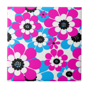 Floral bright neon pattern bright crimson and blue tile