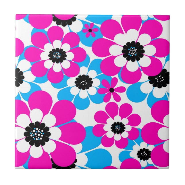 Floral bright neon pattern bright crimson and blue tile (Front)