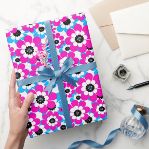 Floral bright neon pattern bright crimson and blue wrapping paper