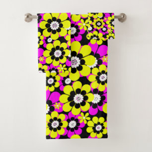 Floral bright neon pattern crimson and yellow flow bath towel set
