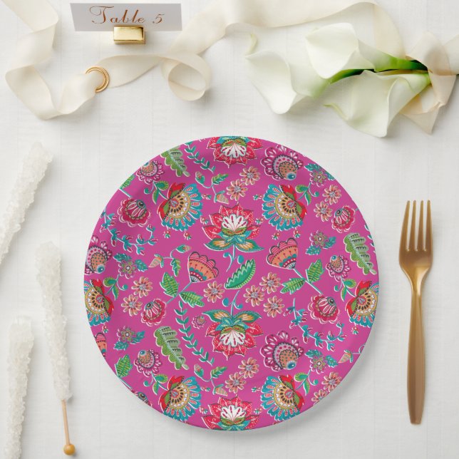Floral bright pink folk art Mexican boho wedding Paper Plate (Wedding)