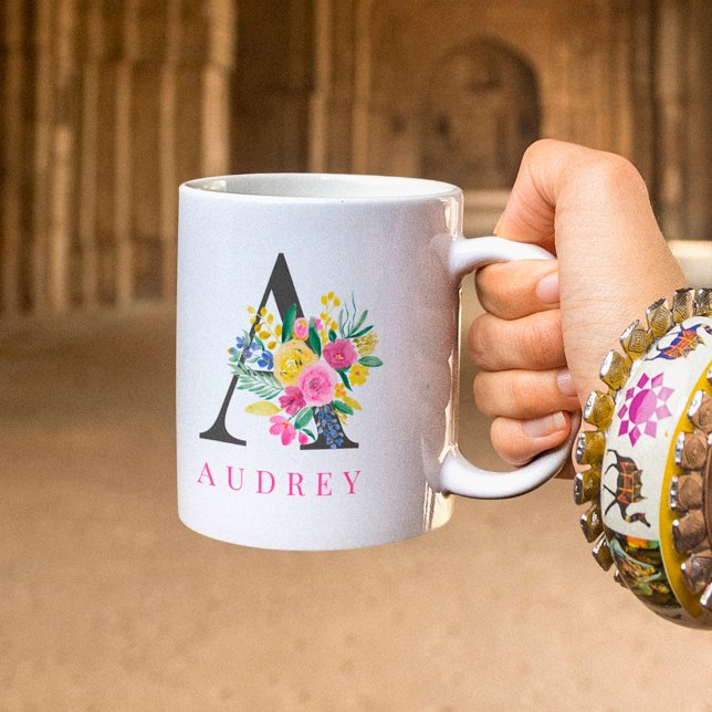 Floral bright pink watercolor monogram name coffee mug (Creator Uploaded)