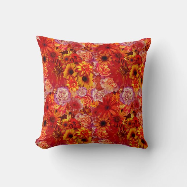 Floral Bright Rojo Bouquet Rich Red Hot Daisies Cushion (Front)