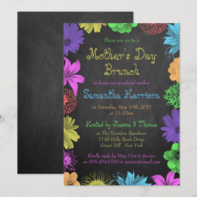 Floral Brights On Chalkboard Mother's Day Brunch Invitation (Front/Back)