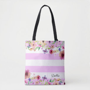 Floral Brilliant Lavender Striped Tote Bag