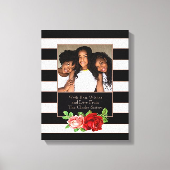 Floral Bronze Black & White Stripe - Custom Photo Canvas Print (Front)