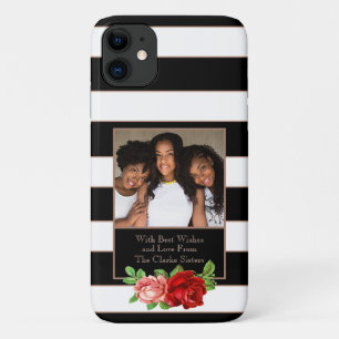 Floral Bronze Black & White Stripe - Custom Photo iPhone 11 Case
