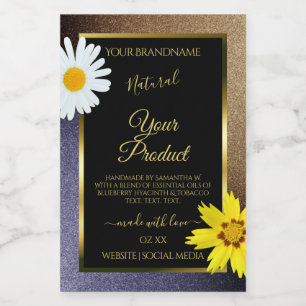 Floral Brown and Blue Glitter Black Product Labels