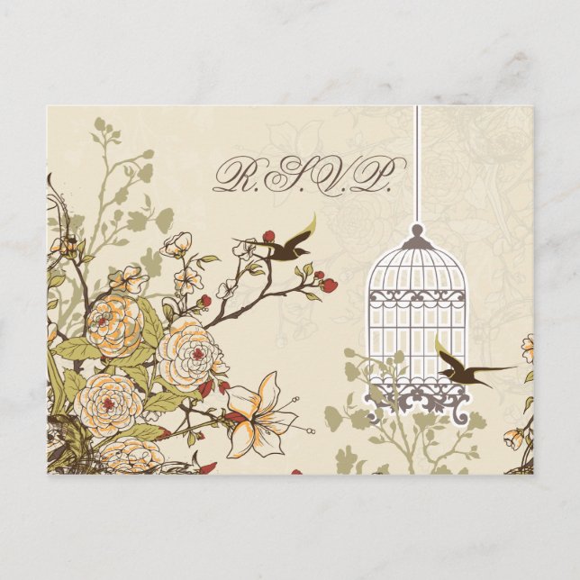 floral brown bird cage, love birds RSVP Invitation Postcard (Front)