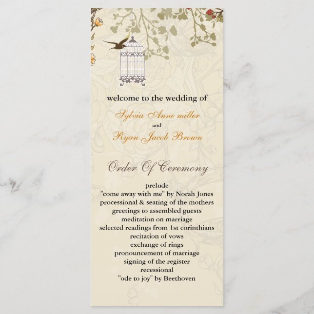 floral brown birds cage, birds wedding programs programme (Front)