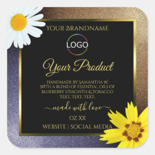 Floral Brown Blue Glitter Black Product Label Logo