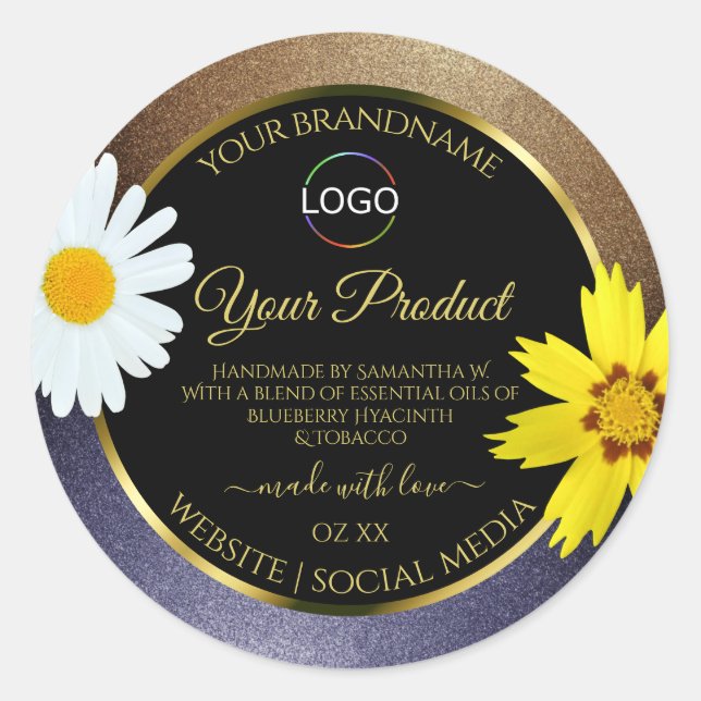 Floral Brown Blue Glitter Black Product Label Logo (Front)