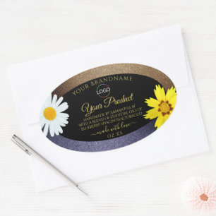Floral Brown Blue Glitter Black Product Label Logo