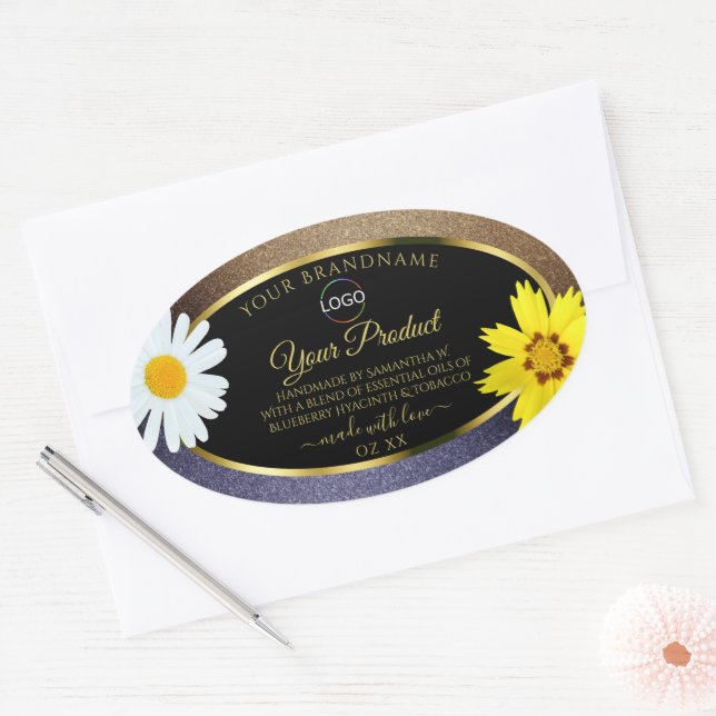 Floral Brown Blue Glitter Black Product Label Logo (Envelope)