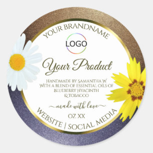 Floral Brown Blue Glitter White Product Label Logo
