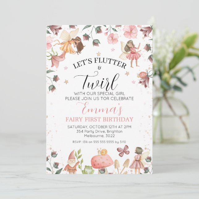 Floral Brown Fairies Flutter Twirl 1st Birthday Invitation (Standing Front)