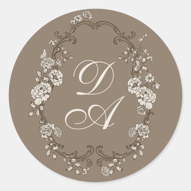 Floral Brown Monogrammed Classic Round Sticker (Front)