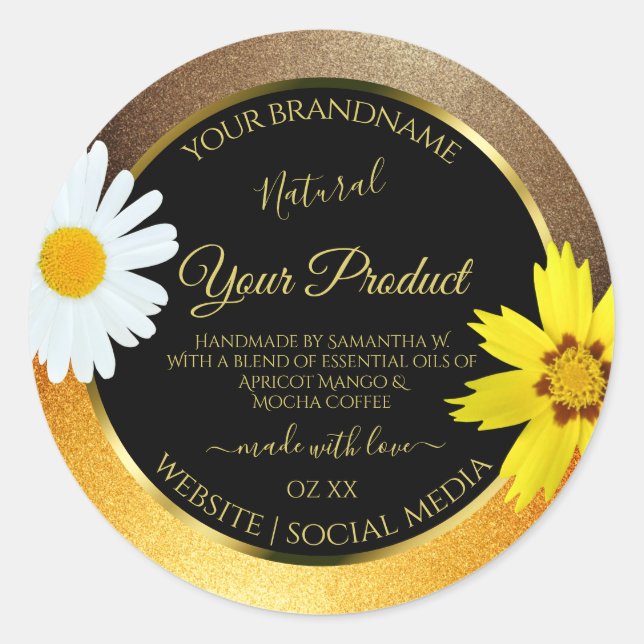 Floral Brown Orange Glitter Black Product Labels (Front)