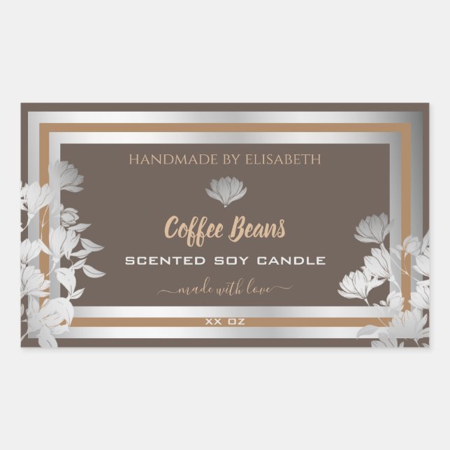 Floral Brown Product Packaging Labels Silver Frame (Front)