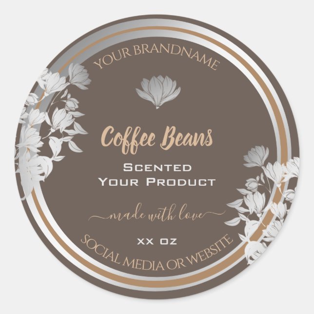 Floral Brown Product Packaging Labels Silver Frame (Front)