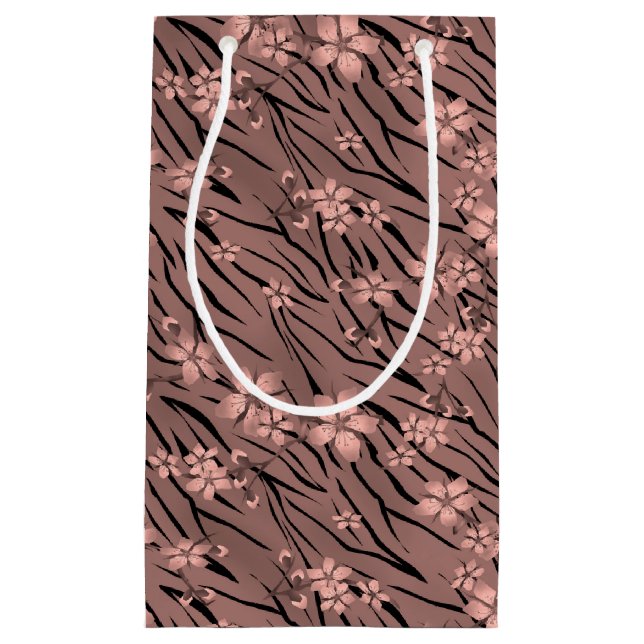 Floral, brown, tiger pattern small gift bag (Front)