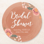 Floral Brown Wood Rustic Bridal Shower Round Paper Coaster<br><div class="desc">Impress your guests with this pretty personalised rustic Bridal Shower round coaster featuring lovely floral against a brown wood pattern background. They're perfect for a country bridal shower. It will also make great favour gifts for your party. Check out the matching Bridal Shower items in my store here http://www.zazzle.com/collections/brown_wood_rustic_floral_wedding_collection-119146535042869019?rf=238364477188679314 Personalise...</div>