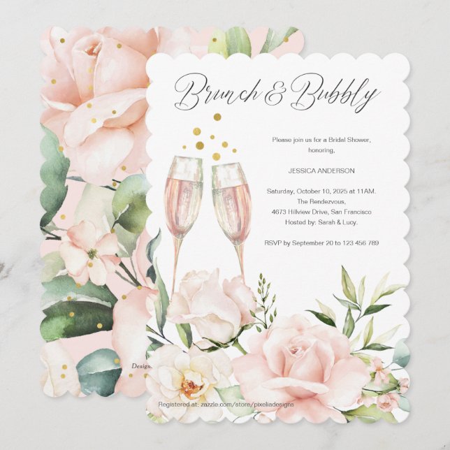 Floral Brunch and bubbly blush pink chic mimosa In Invitation (Front/Back)