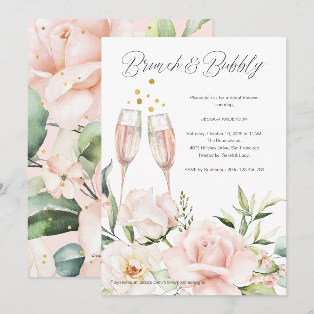 Floral Brunch and bubbly blush pink chic mimosa Invitation (Front/Back)