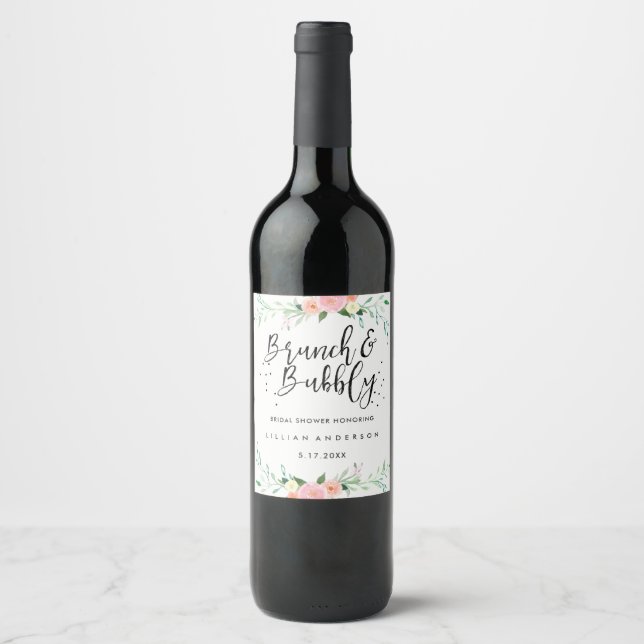 Floral Brunch and Bubbly Bridal Shower Wine Label (Front)