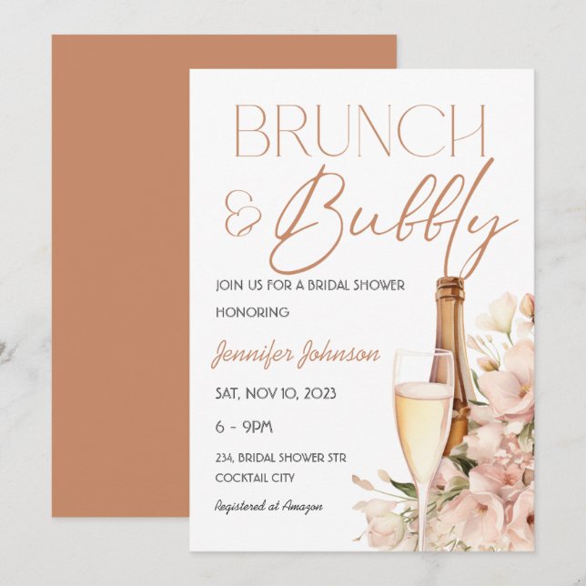 Floral Brunch and Bubbly Champagne Bridal Shower  Invitation (Front/Back)