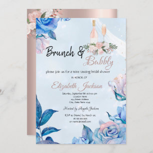 Floral Brunch & Bubbly Blue Bridal Shower  Invitation
