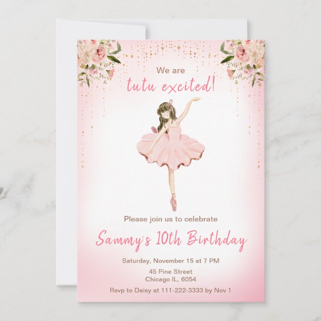 Floral Brunette Hair Ballerina Birthday Invitation (Front)