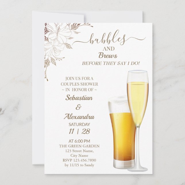 Floral Bubbles and Brews Couples Shower Invitation (Front)