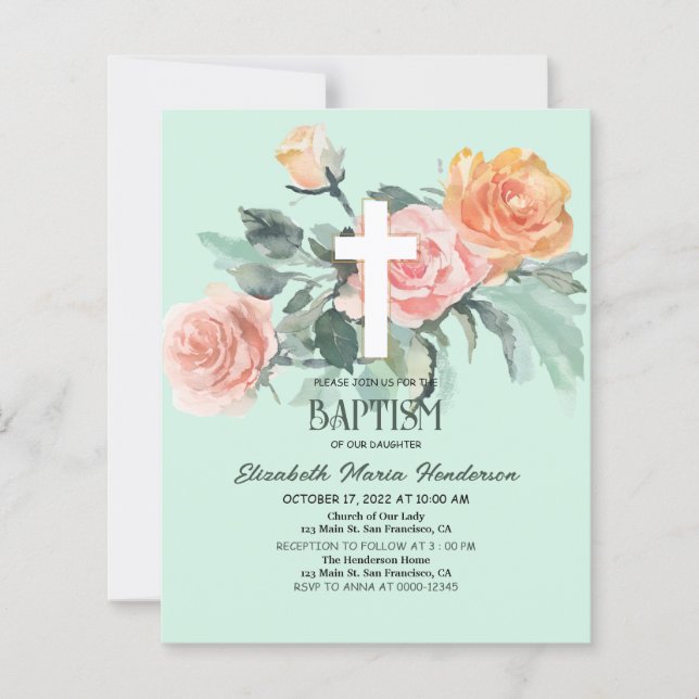 Floral BUDGET Girl Baptism Invitation. (Front)