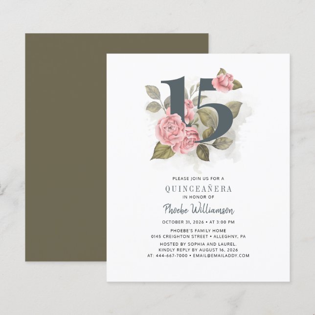 Floral Budget Quinceanera 15th Birthday Invitation (Front/Back)