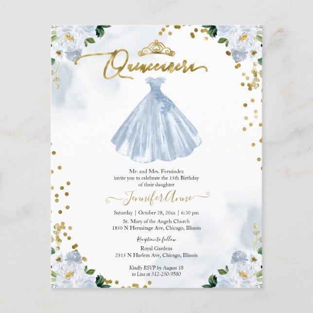 Floral Budget Quinceanera Invitation Bilingual (Front)