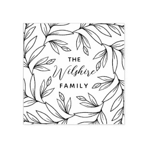 Floral buds leaves hand drawn wreath family name rubber stamp