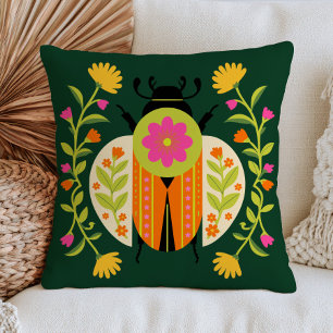 Floral Bug Design on Emerald Green Folk Art Insect Cushion