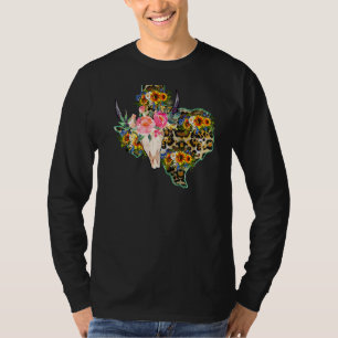 Floral Bull Skull Leopard Texas Map Western Countr T-Shirt