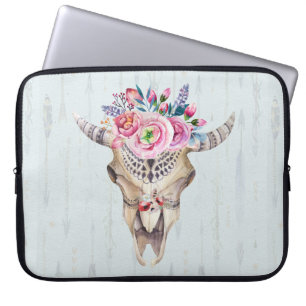 Floral Bull Skull Over Light Blue Background Laptop Sleeve