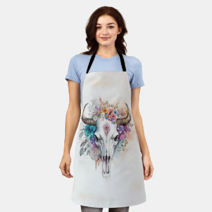 Floral Bull Skull Watercolor Art Apron