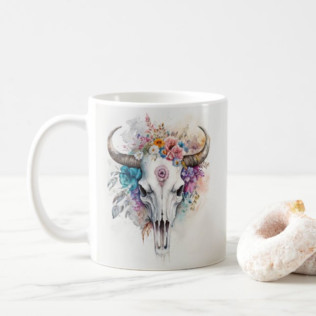 Floral Bull Skull Watercolor Art Coffee Mug (With Donut)