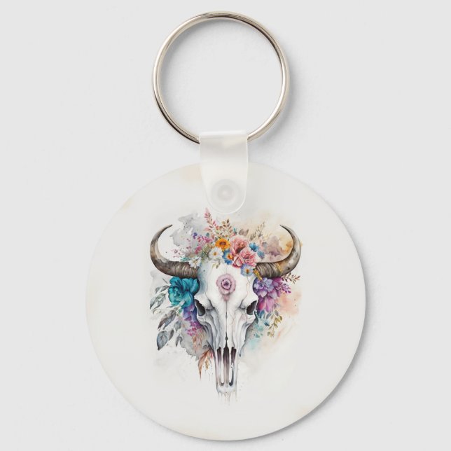 Floral Bull Skull Watercolor Art Key Ring (Front)