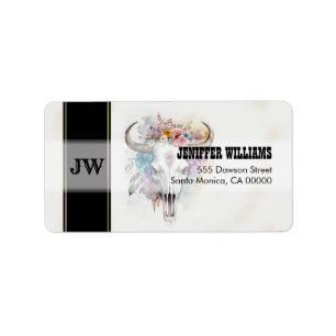 Floral Bull Skull Watercolor Art Label