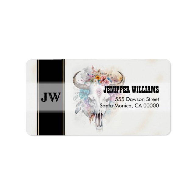 Floral Bull Skull Watercolor Art Label (Front)