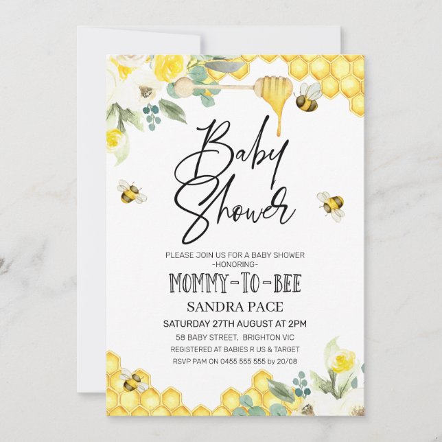 Floral Bumble Bee Themed Baby Shower Invitation (Front)