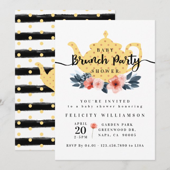 Floral Bunch Tea Party Yellow Baby Shower Invitation (Front/Back)