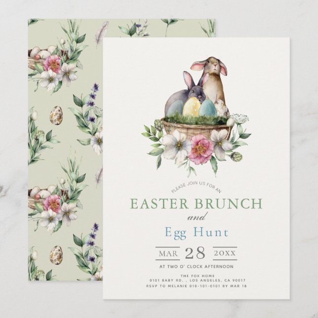 Floral Bunnies Brunch & Egg Hunt Invitation (Front/Back)