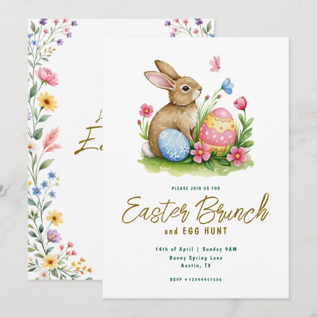 Floral Bunny and Egg Watercolor Easter Brunch  Invitation (Front/Back)